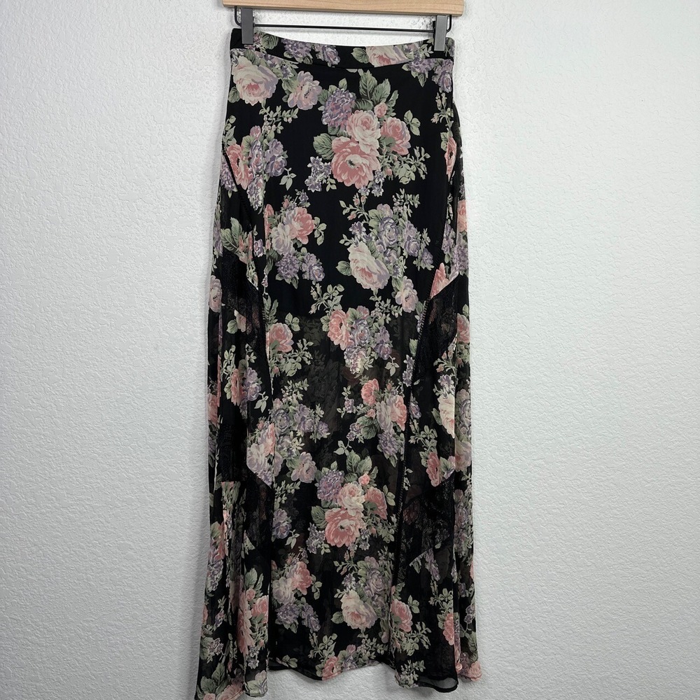 ASTR Skirt Womens Small Black Floral Lace Sheer Boho Dark Romantic Coquette Maxi